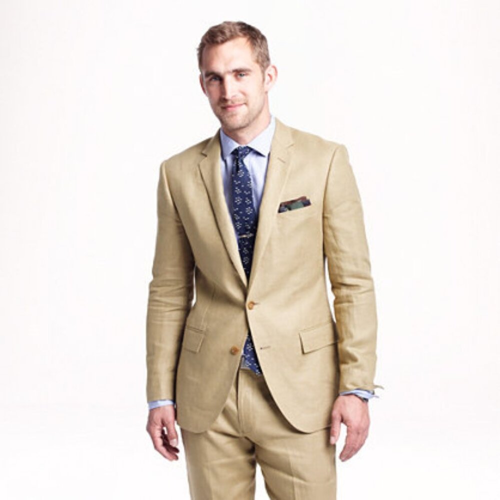 J. Crew Men's Ludlow Irish Linen Suit Jacket and Pants in Beige Tan